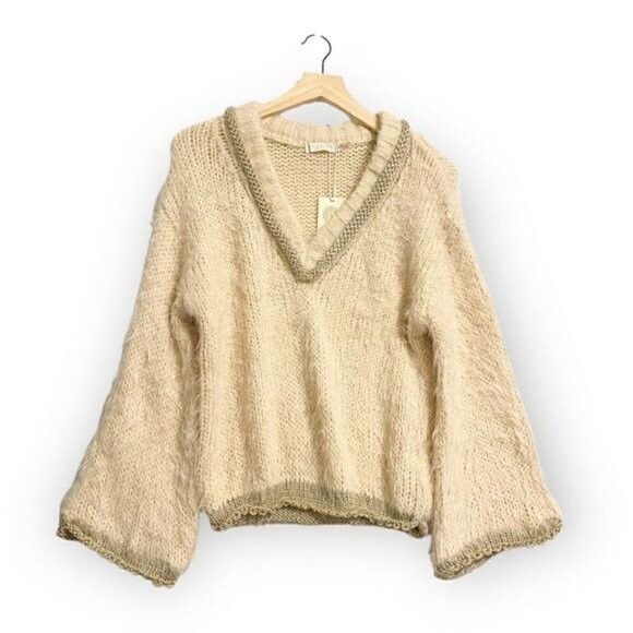 NWT Ramy Brook Max V Neck Fuzzy Sweater with Metallic Trim, Size XXS - Picture 2 of 14